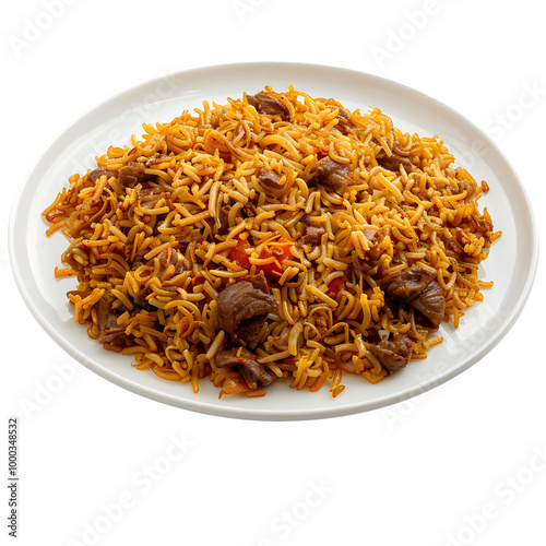 Flavorful serving of spicy beef biryani on a white oval plate, perfect for culinary presentations and food-related projects