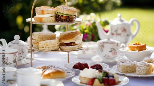 Delightful Teatime Spread in a Lush Garden Setting