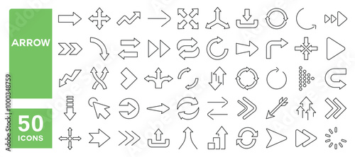 Set of 50 line icons related to arrow, cursor, direction, next, forward, navigation, pointer, Editable stroke. Vector illustration