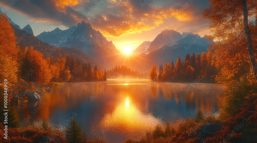 Stunning sunrise over a tranquil mountain lake with colorful autumn foliage.