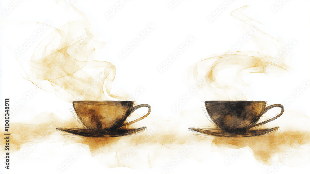 Watercolor Style Coffee Cups with Steam on White Background, Minimalist Art Watercolor Style Coffee Cups with Steam on White Background, Minimalist Art