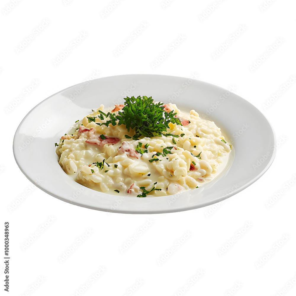 Yummy creamy alfredo pasta garnished with parsley, served on a white plate against a clear background, ideal for cooking and food-themed projects Yummy creamy alfredo pasta garnished with parsley, served on a white plate against a clear background, ideal for cooking and food-themed projects