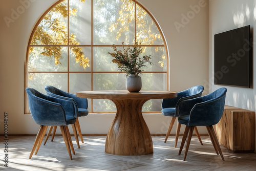 A modern, minimalist-style dining room with an empty wall mockup, featuring a round table and blue chairs in front of the TV on the right side, set against light beige walls.