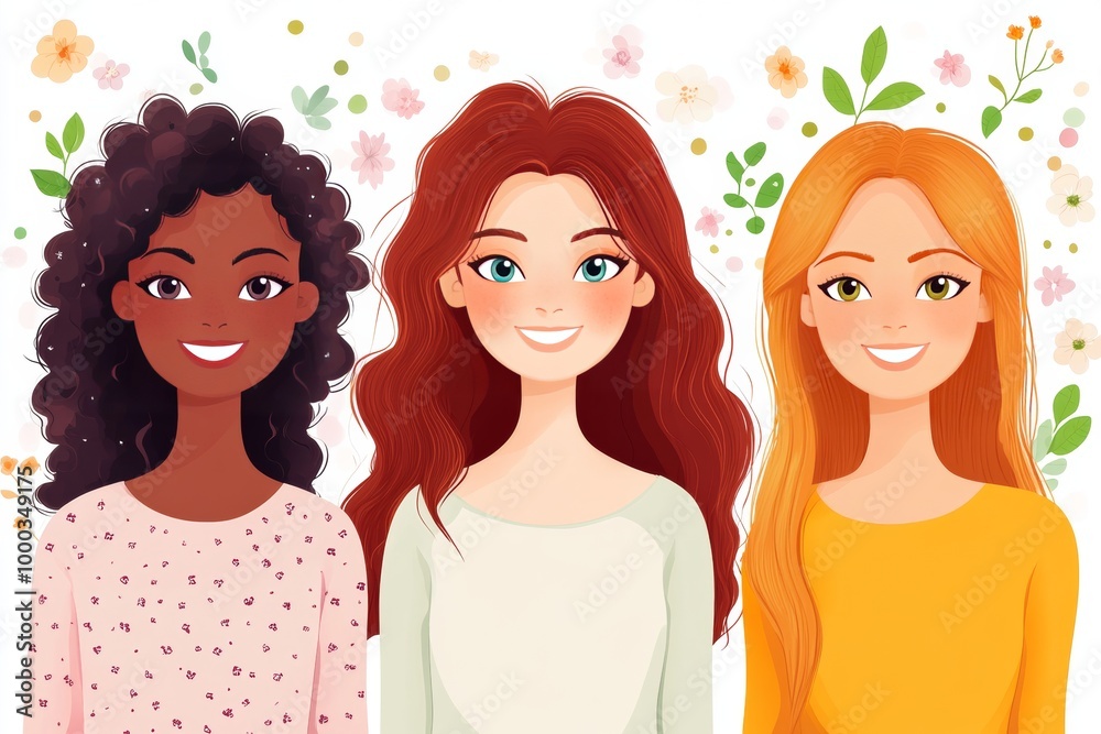 Stylized portrait of three diverse women with floral elements symbolizing beauty friendship and connection to nature in a soft peaceful setting Stylized portrait of three diverse women with floral elements symbolizing beauty friendship and connection to nature in a soft peaceful setting