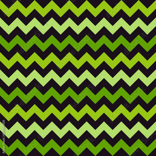 Neon green Halloween chevron stripes raster pattern. Thick line zigzag stripes in neon green, black background.