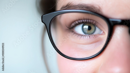 Close-Up of Woman’s Eye with Black Glasses, Detailed Eyewear Image on Soft Background