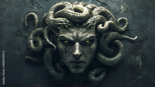 The classic depiction of the head of the gorgon medusa from ancient mythology. a gloomy awesome look horror fright. Medusa. Illustration