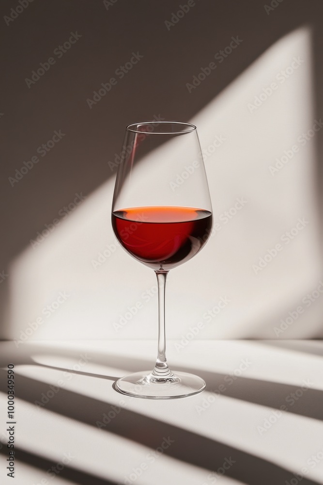 Elegant Red Wine Glass with Artistic Shadow Play in Minimalist Setting Elegant Red Wine Glass with Artistic Shadow Play in Minimalist Setting