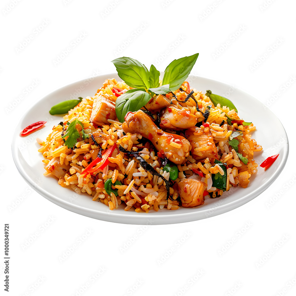 Delicious platter of zesty chicken fried rice topped with fragrant basil leaves, colorful veggies, and spices, making a beautiful and tasty meal Delicious platter of zesty chicken fried rice topped with fragrant basil leaves, colorful veggies, and spices, making a beautiful and tasty meal