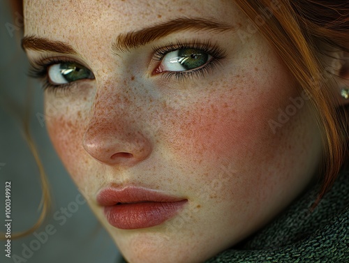 Close-Up Portrait of a Woman with Freckles and Green Eyes photo