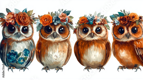 Four Cute Owls Wearing Floral Crowns, Adorable Illustration with Flowers, against White Background