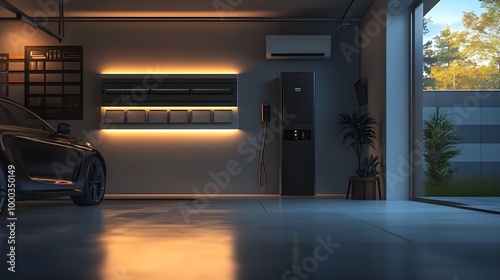 Innovative home battery system installed on a garage wall, highlighting sustainable energy storage for modern households.