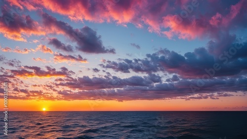 A serene sunset over the ocean, with vibrant clouds reflecting warm colors.
