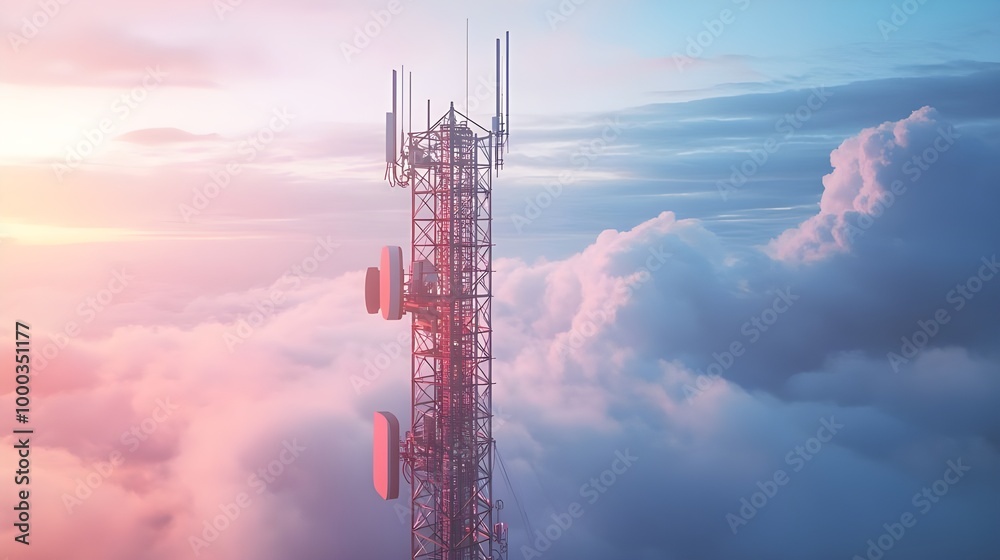 Cellular telecommunication tower featuring 5G antennas and radio equipment, rising against a cloudy sky. Cellular telecommunication tower featuring 5G antennas and radio equipment, rising against a cloudy sky.