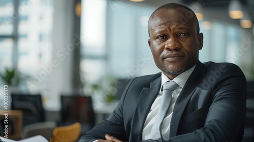 A confident businessman in a suit and glasses sitting thoughtfully in an office environment, conveying focus and determination.