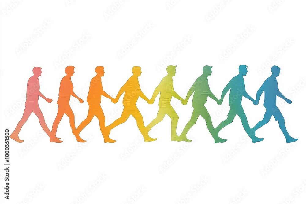 Fototapeta premium Minimalist illustration of individuals walking in a gradient of rainbow colors symbolizing unity diversity and forward movement in a simple modern composition