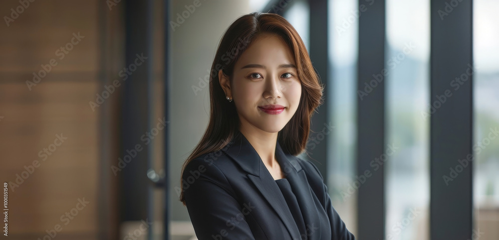A confident businesswoman smiling warmly in a modern office, dressed in professional attire, exuding leadership and success. A confident businesswoman smiling warmly in a modern office, dressed in professional attire, exuding leadership and success.