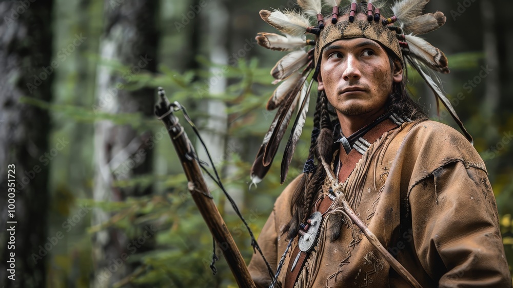 A young Algonquin male hunter in traditional attire tracking game in a dense forest, appearing focused and resourceful. A young Algonquin male hunter in traditional attire tracking game in a dense forest, appearing focused and resourceful.