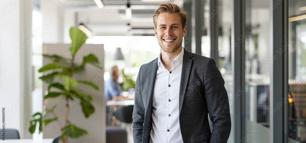 A young business professional in a modern office, smiling confidently while dressed in a smart-casual outfit, exuding a friendly and approachable vibe. A young business professional in a modern office, smiling confidently while dressed in a smart-casual outfit, exuding a friendly and approachable vibe.