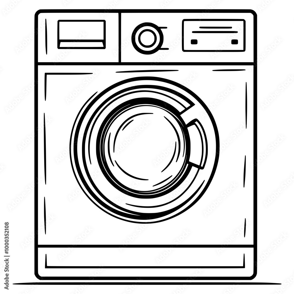 Simple line drawing of a washing machine on a white background, minimalistic vector illustration with thin black lines and simple shapes, with white space around the edges for a clean design. Simple line drawing of a washing machine on a white background, minimalistic vector illustration with thin black lines and simple shapes, with white space around the edges for a clean design.