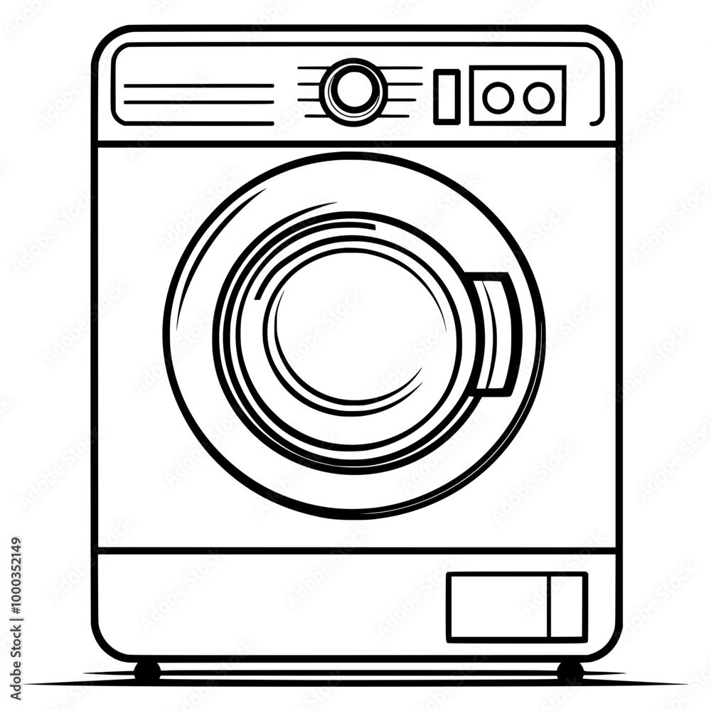 Simple line drawing of a washing machine on a white background, minimalistic vector illustration with thin black lines and simple shapes, with white space around the edges for a clean design. Simple line drawing of a washing machine on a white background, minimalistic vector illustration with thin black lines and simple shapes, with white space around the edges for a clean design.