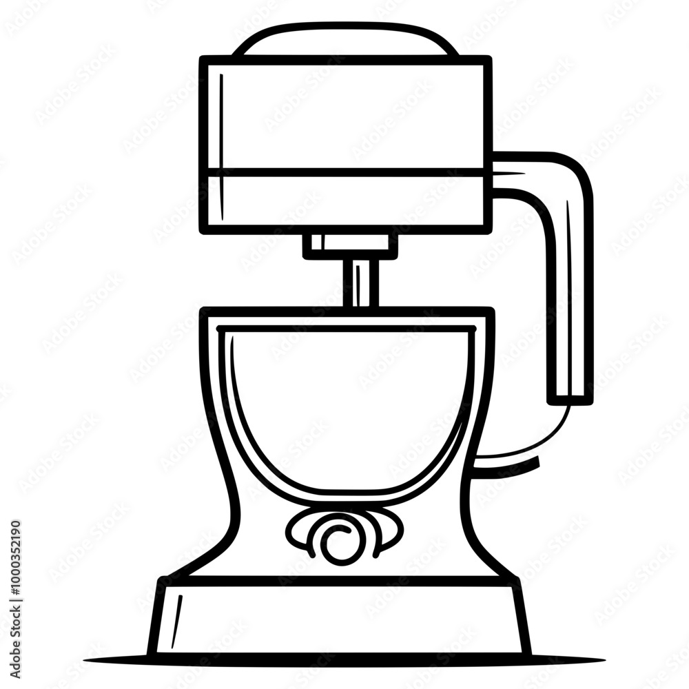 Simple line drawing of a mixer on a white background, minimalistic vector illustration with thin black lines and simple shapes, with white space around the edges for a clean design. Simple line drawing of a mixer on a white background, minimalistic vector illustration with thin black lines and simple shapes, with white space around the edges for a clean design.