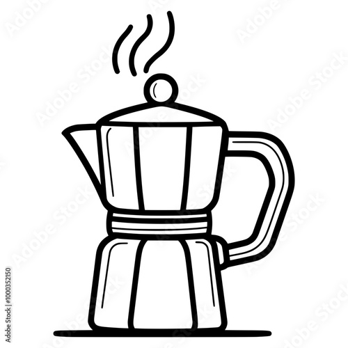 A simple drawing of a coffee maker on a white background, a minimalistic vector illustration with thin black lines and simple shapes, with white space around the edges for a clean design.