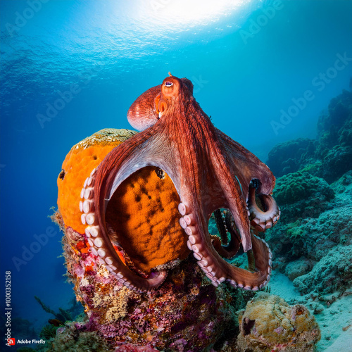 With its arms outstretched in all directions, a Caribbean reef octopus scans the area while clinging to a coral head. photo