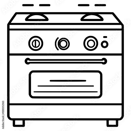 A simple drawing of a kitchen stove on a white background, a minimalistic vector illustration with thin black lines and simple shapes, with white space around the edges for a clean design.