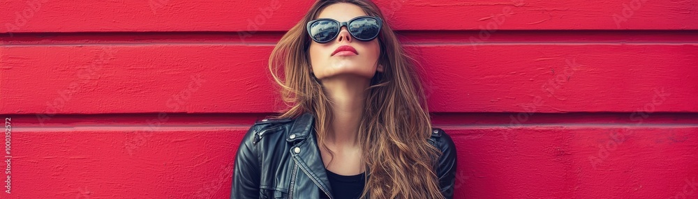 Stylish Young Woman Against Striking Red Wall Stylish Young Woman Against Striking Red Wall