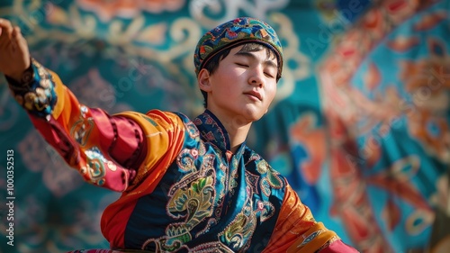 A young Uyghur male dancer showcasing energy and grace at a festival. photo