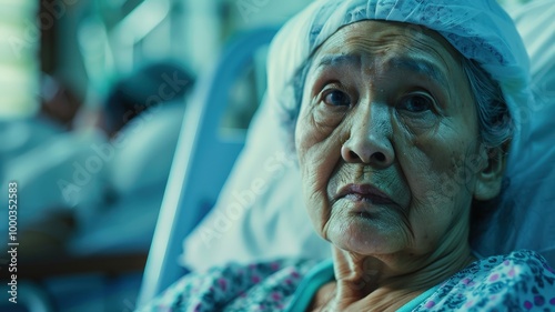 An elderly Filipino female nurse compassionately caring for a patient.