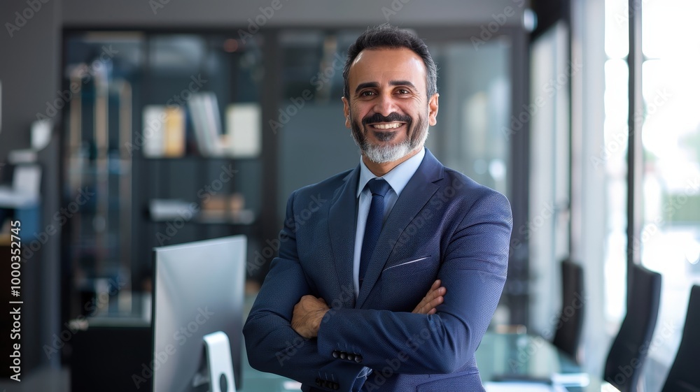 A smiling businessman in a suit stands confidently with arms crossed in a modern office, reflecting leadership and professionalism. A smiling businessman in a suit stands confidently with arms crossed in a modern office, reflecting leadership and professionalism.