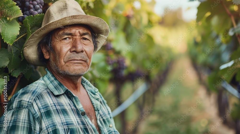An experienced farmer in a hat stands confidently in a lush vineyard, symbolizing hard work, dedication, and sustainable agriculture in winemaking. An experienced farmer in a hat stands confidently in a lush vineyard, symbolizing hard work, dedication, and sustainable agriculture in winemaking.