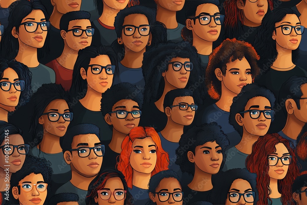 Stylized digital illustration of a large diverse group of people ...