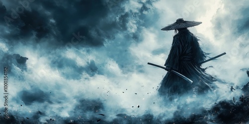 Silhouette of a dark samurai in traditional attire wielding dual katanas, with stormy clouds and debris surrounding him, creating an atmospheric warrior scene.
