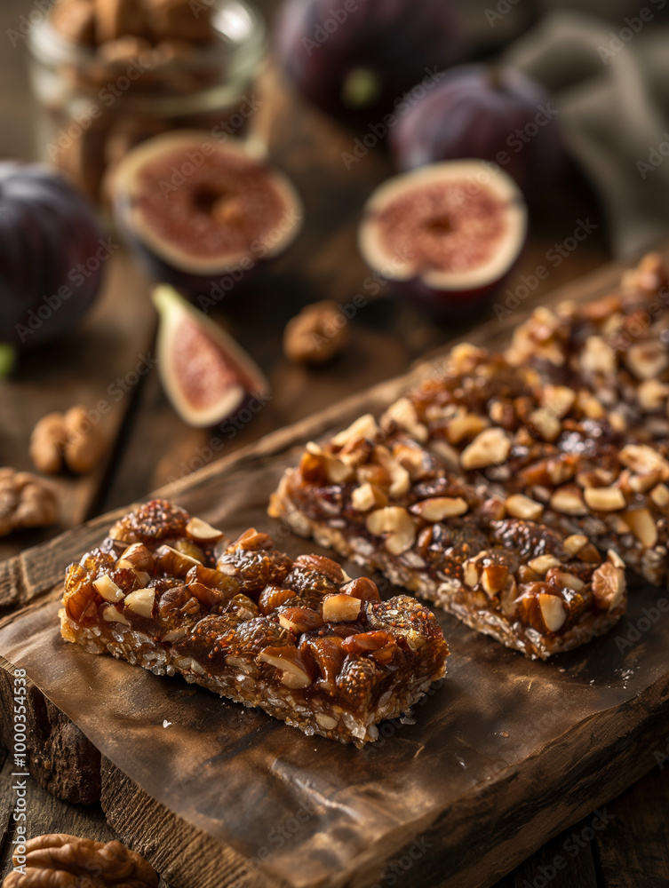 Close up of homemade fig and nut granola bars on a wooden cutting board. Close up of homemade fig and nut granola bars on a wooden cutting board.