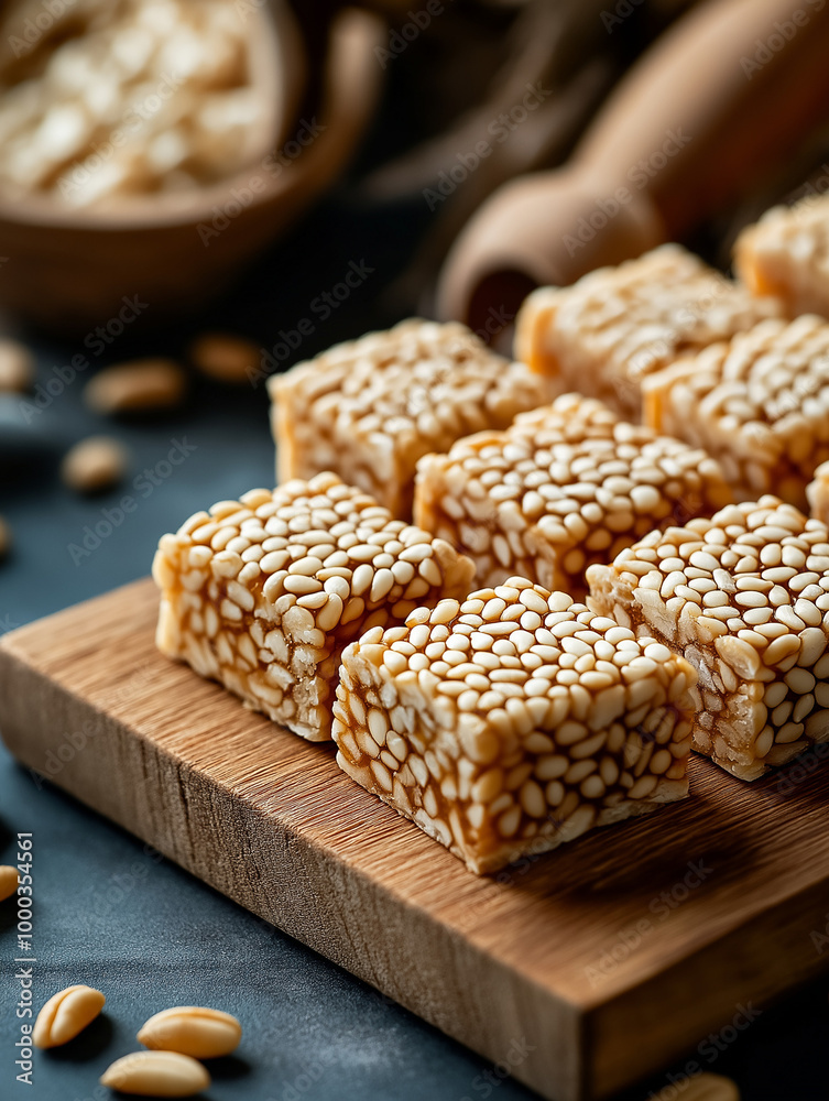 Close-up of sesame seed brittle, a sweet and crunchy treat, arranged on a wooden cutting board. Close-up of sesame seed brittle, a sweet and crunchy treat, arranged on a wooden cutting board.
