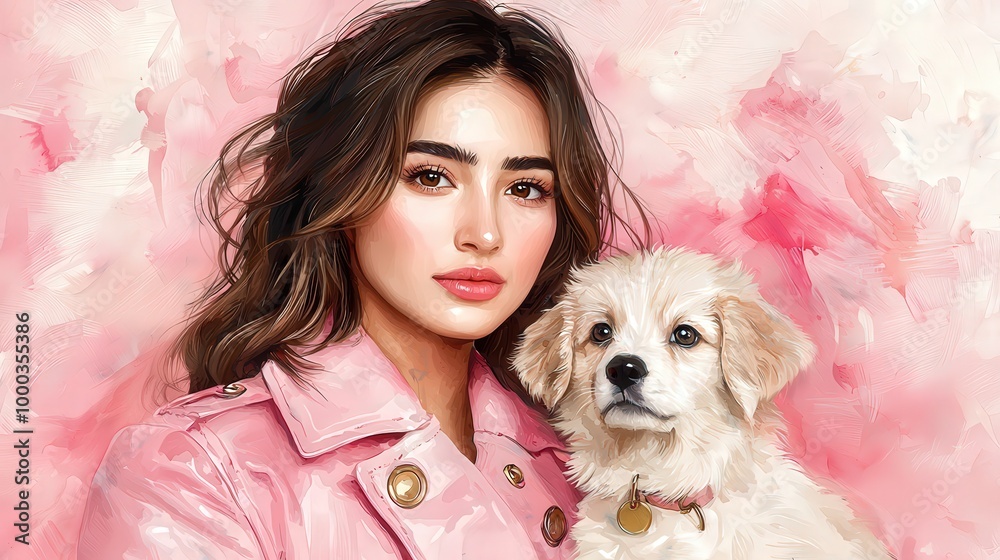 Fashionable Woman with Puppy in Watercolor Style Fashionable Woman with Puppy in Watercolor Style