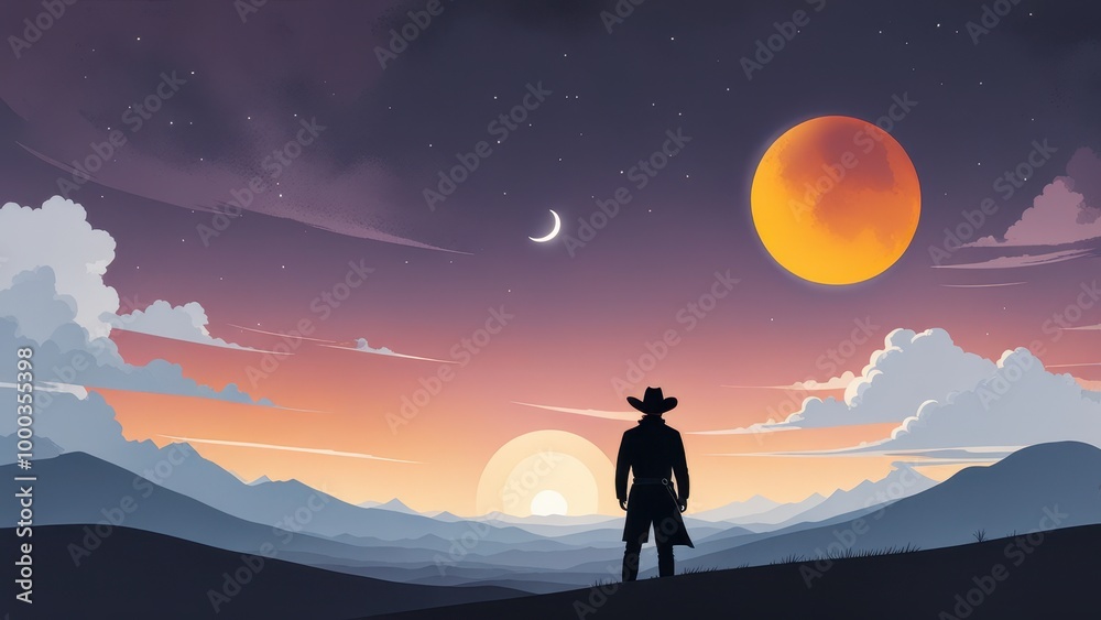 A silhouetted figure stands against a vibrant sunset with celestial bodies above. A silhouetted figure stands against a vibrant sunset with celestial bodies above.