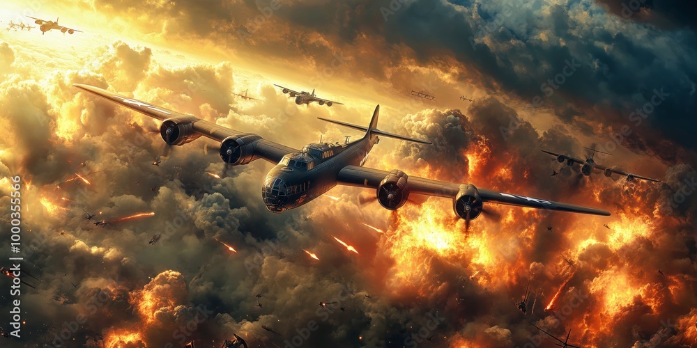 Naklejka premium Formation of bomber planes flying over clouds illuminated by the orange glow of an intense sky,