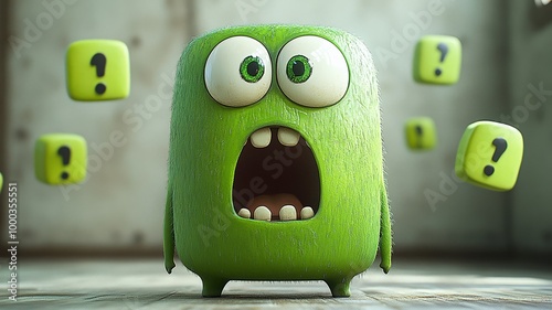 Green cartoon monster surrounded by question blocks in confusion