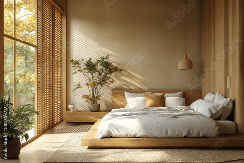 3D rendering of a wooden slat wall in a bedroom interior mockup with a minimal bed and table lamp on a light background, close-up, with copy space. Modern home decor.