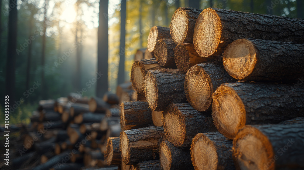 Stacked logs in a forest during sunrise. Stacked logs in a forest during sunrise.