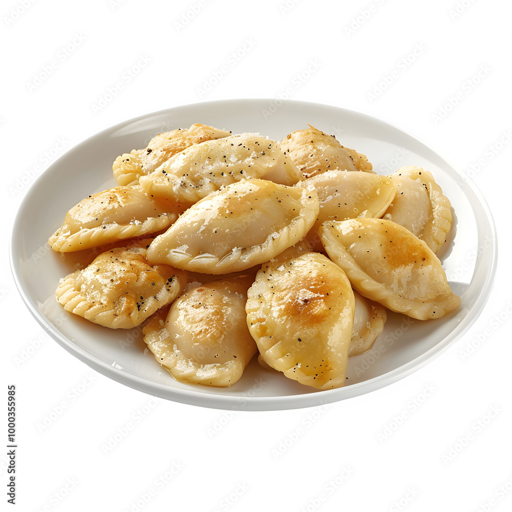 Plate of homemade pierogi topped with black pepper, showcasing a traditional and appetizing dish perfect for food photography and culinary projects Plate of homemade pierogi topped with black pepper, showcasing a traditional and appetizing dish perfect for food photography and culinary projects