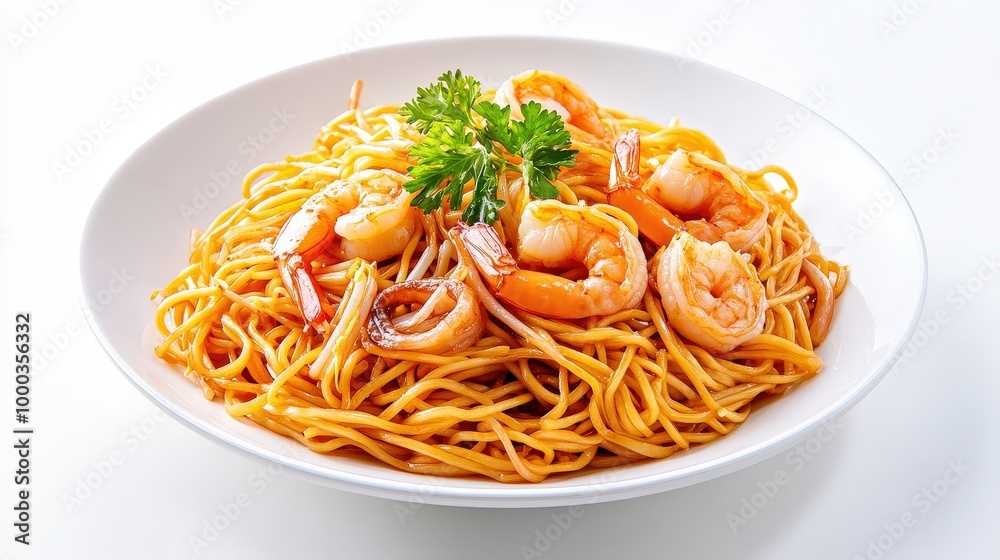 Exquisite Stir-Fried Noodles with Shrimp and Squid on a White Plate | Culinary Delight for Restaurant Menu Exquisite Stir-Fried Noodles with Shrimp and Squid on a White Plate | Culinary Delight for Restaurant Menu