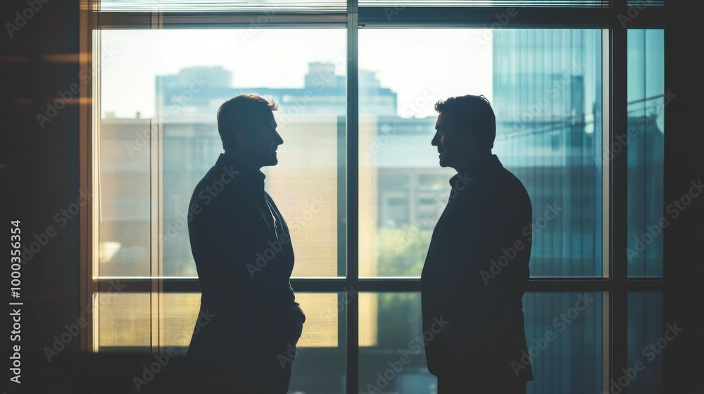 Silhouetted Men in Suits Conversing by a Window Silhouetted Men in Suits Conversing by a Window
