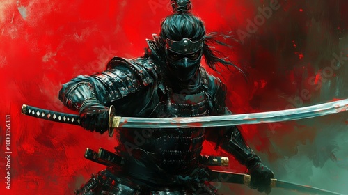 Dynamic action scene of a mysterious samurai in full armor, holding two katanas against a vibrant red background,