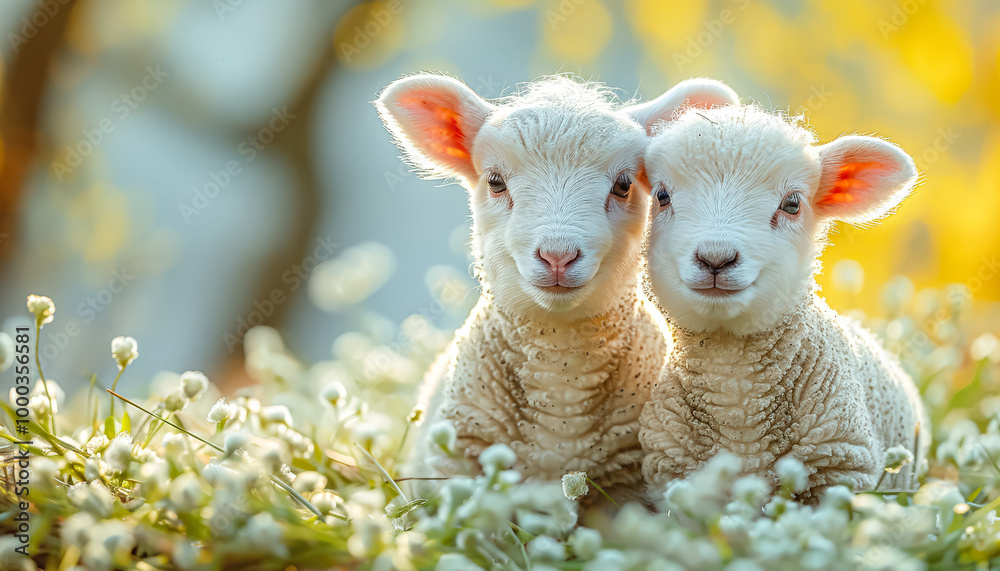 Two baby sheep are standing in a field of flowers. The sheep are looking at the camera and seem to be enjoying the sunny day. The field is filled with yellow flowers, creating a bright Two baby sheep are standing in a field of flowers. The sheep are looking at the camera and seem to be enjoying the sunny day. The field is filled with yellow flowers, creating a bright