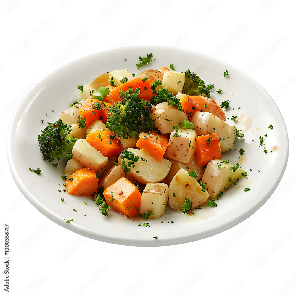 Mix of vibrant steamed veggies like carrots, broccoli, and spuds, topped with some fresh parsley on a clean white dish Mix of vibrant steamed veggies like carrots, broccoli, and spuds, topped with some fresh parsley on a clean white dish